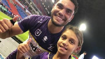 Kempsey's Ciarra Taylor got to meet a hero, Xavier Coates, from her favourite team, Melbourne Storm, after a weekend of competing at the Little Athletics State Championships in Sydney. Picture supplied / Aunty Vicki.
