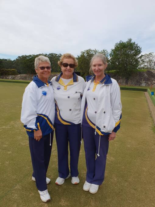 Winners of the Macksville Women's Bowling Club Triples Championships, Elwyn Ainsworth (lead), Thelma Scott (second) and Fiona Medley (skip)