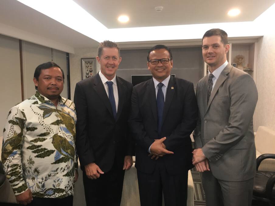 From Kempsey to Jakarta: Cowper MP Luke Hartsuyker (second from left) and his interpreter, Kempsey-raised Murray O'Hanlon (fourth from left) at their meeting in Jakarta this week. 
