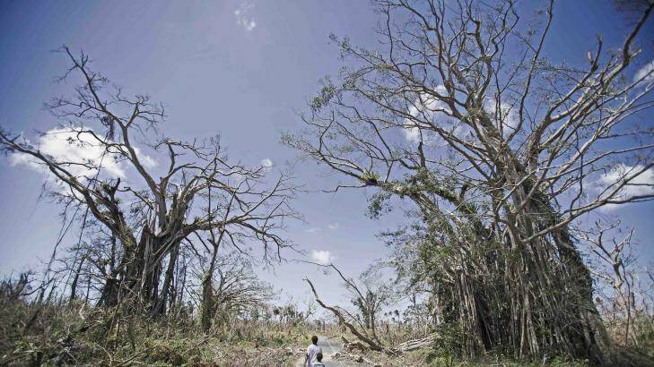 Children walk down a devastated main road on the north side of the main island of Efate. Photo: Lawrence Smith