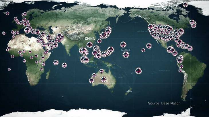This map, fromJohn Pilger's documentary The Coming War on China, shows US military bases around the world. Photo: Karl Quinn