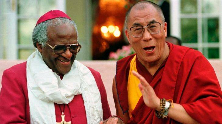 Archbishop Desmond Tutu and the Dalai Lama meet the media in Cape Town in 1996.