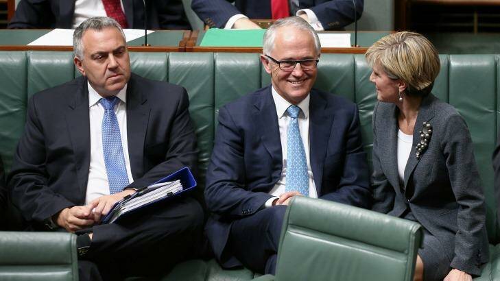 Former treasurer, Joe Hockey, Prime Minister Malcolm Turnbull and Foreign Affairs Minister Julie Bishop in Parliament House in Canberra. Photo: Alex Ellinghausen