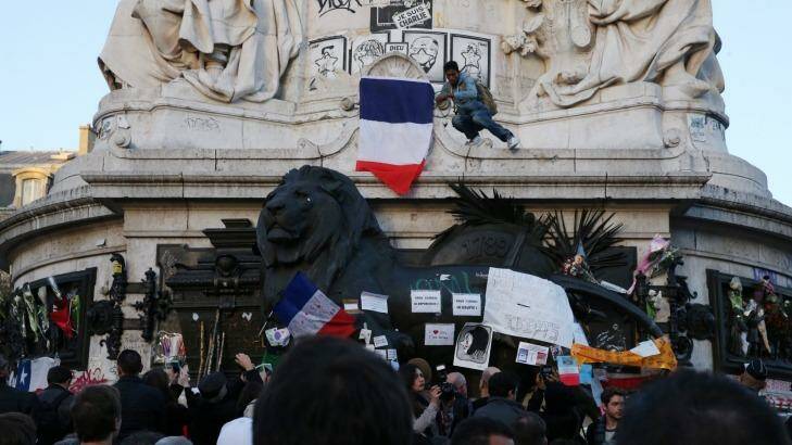 A vigil at the Place de la Republique in Paris for the terrorist victims. Photo: Andrew Meares