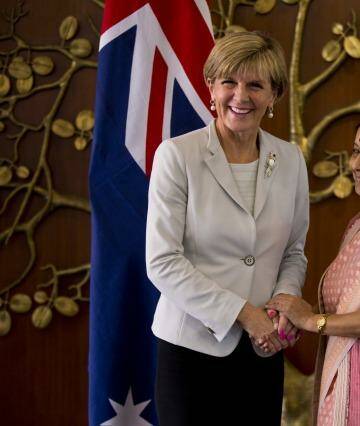 Julie Bishop with the Indian Foreign Minister Sushma Swaraj in New Delhi on Tuesday. Photo: Saurabh Das