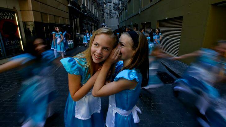 Adventures in the city: Maddy Long (left) and Maya Felice, two of the year 6 students from MLC School who  were inspired by Lewis Carroll’s classic tale.  Photo: Dallas Kilponen