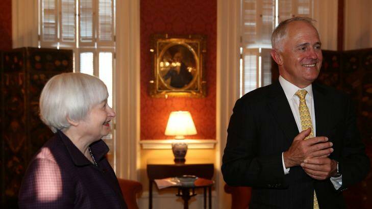 China on their minds: Malcolm Turnbull meets Janet Yellen, chairwoman of the Board of Governors of the Federal Reserve Bank in Washington. Photo: Supplied