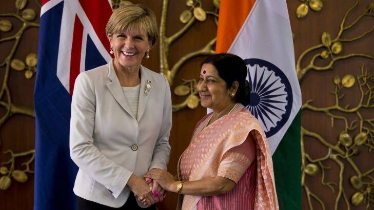 Julie Bishop with the Indian Foreign Minister Sushma Swaraj in New Delhi on Tuesday. Photo: Saurabh Das