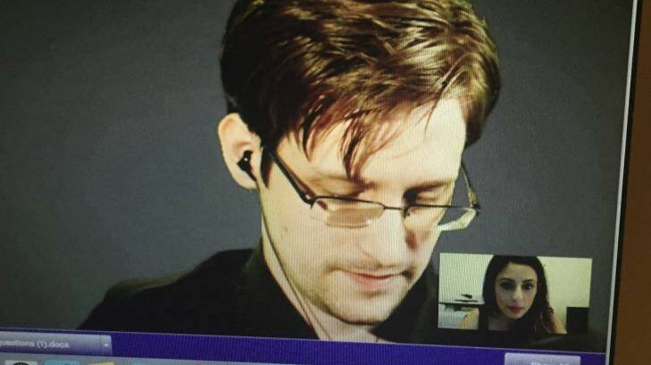 A screenshot of an encrypted video interview with Edward Snowden. Think Inc co-founder Suzi Jamil (bottom right) was the intermediary putting Fairfax Media's questions to the US whistleblower in Russia. Photo: Supplied