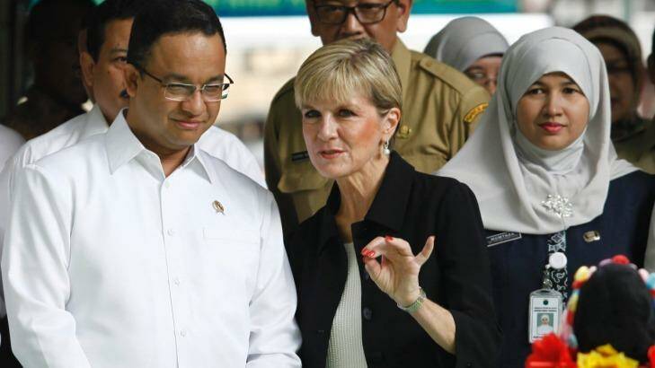 Foreign Minister Julie Bishop and  Anies Baswedan in Jakarta in March 2016. Photo: Irwin Fedriansyah