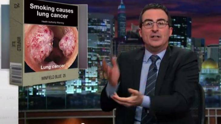 This Week Tonight's John Oliver explains Australia's plain packaging laws for cigarette cartons before introducing an alternative cigarette mascot - 'Jeff the Diseased Lung'. Photo: YouTube