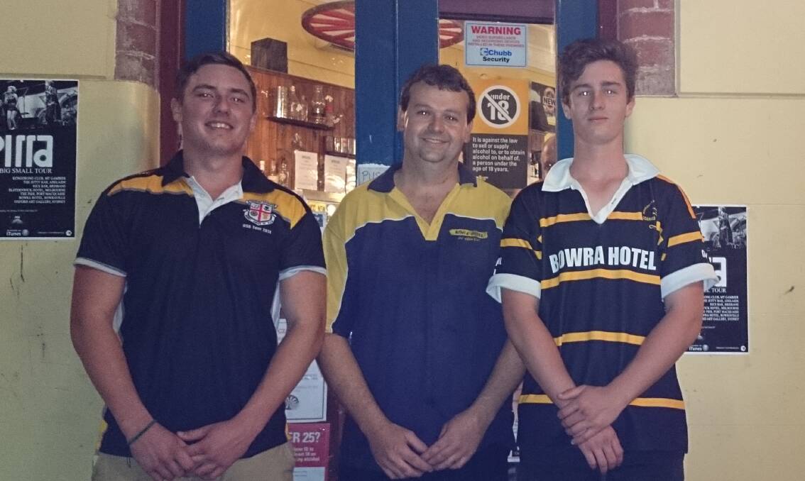 TOP TEAM: Joel Cooper, Bowra Hotel licensee Shane Welsh and Aaron Shrubb
at the fundraiser