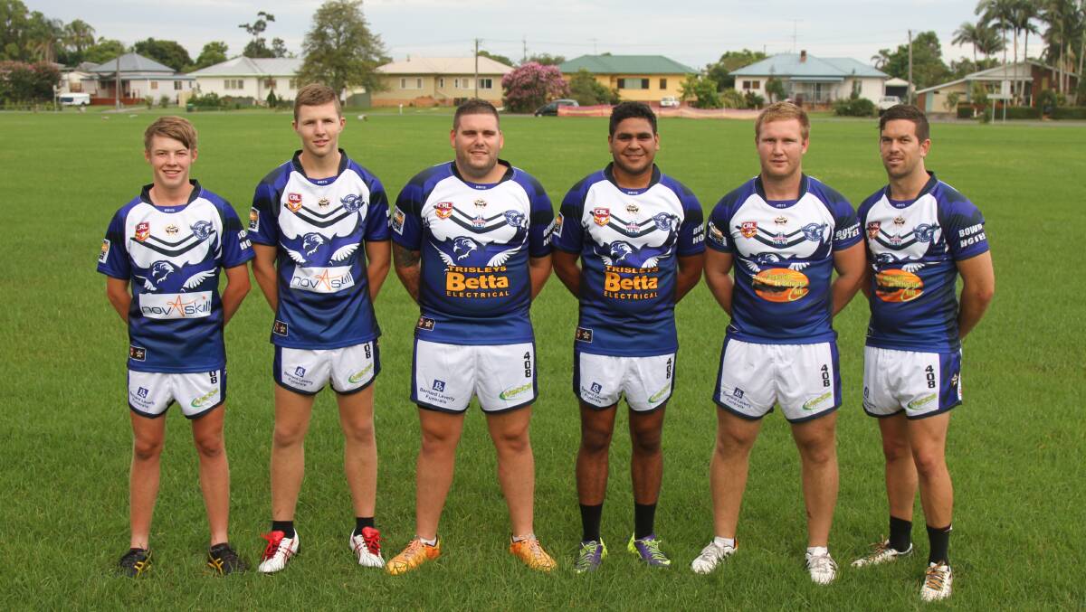 PROUD: Under 18s players Josh Bartlett, Cameron Southan, reggies players Dave Lindsay, Keith Donovan, and first grade’s James Collison and Michael Tyerman display the new look Sea Eagles uniforms