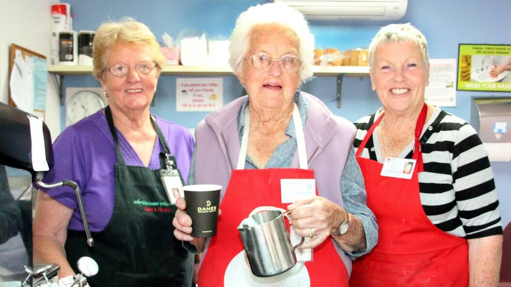 Betty Allen and Mary Noble with Macksville Hospital volunteer Judy Brooks were back on the job at the Car Park Café following Mary’s surprise birthday morning tea