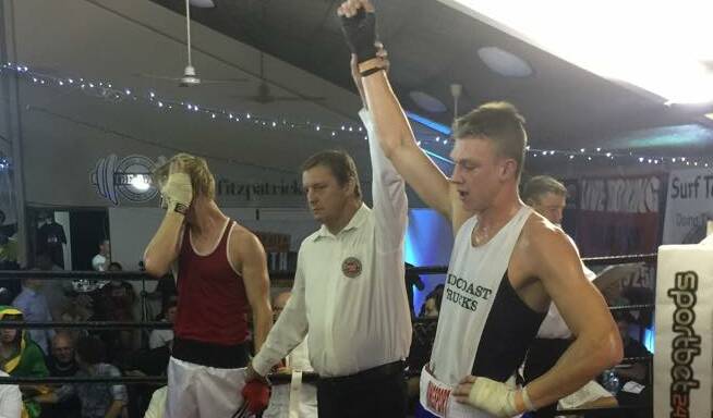 HE’S BAAACK: Mitchell Whitelaw got the biscuits in his return to bigtime boxing at Kingscliff. Photo: Mitchell Stapleton