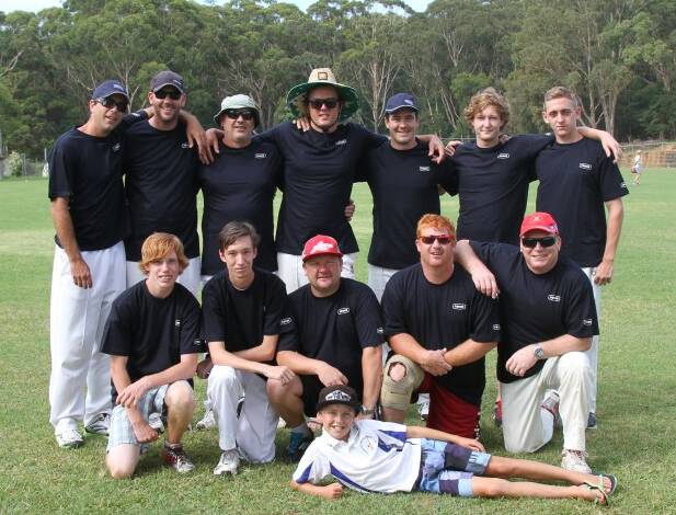 BRAGGING RIGHTS: (From left, back) Upstarts Greg Watts, Tim Moon (captain) Andrew Maggs, Aaron Clarke, Andrew Budd Dave Marchant, Jacob Savage (middle) Jason Warwick, Aaron McIntosh, Pete Lee, Craig Kerwin, David Parry, and (front) Harrison Lee Absent: Josh Byrne
