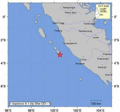 The earthquake in the Mentawai Islands region off Sumatra, Indonesia.