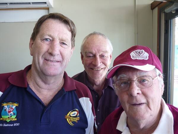 Local league experts Brian 'Gravel' Cummings (left) and Dallas Dent with anchorman Lawrie Medbury (at back)