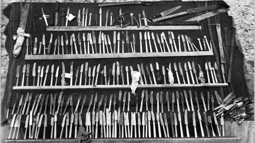 Knives recovered in and around B Camp. Picture: Australian War Memorial 