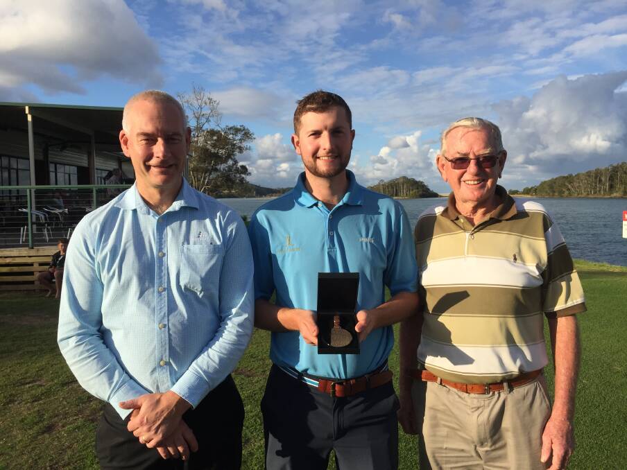 The gross winner was Tom Bateman (centre) from Long Reef GC. Also pictured are Golf NSW's Stuart Fraser (left) and Island Club president Kerry McCoy