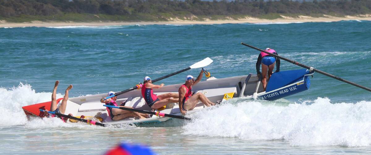 Macksville-Scotts Head Reserve crew in action on Sunday, not quite making it to the finish line. David Walshe (legs in air), Boyd Saunders, Mike Johnson, Todd Johnson and Keith McKay. Photo: Richard Black