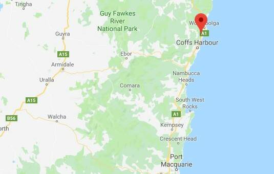 The red locator denotes Moonee Beach. Google Maps