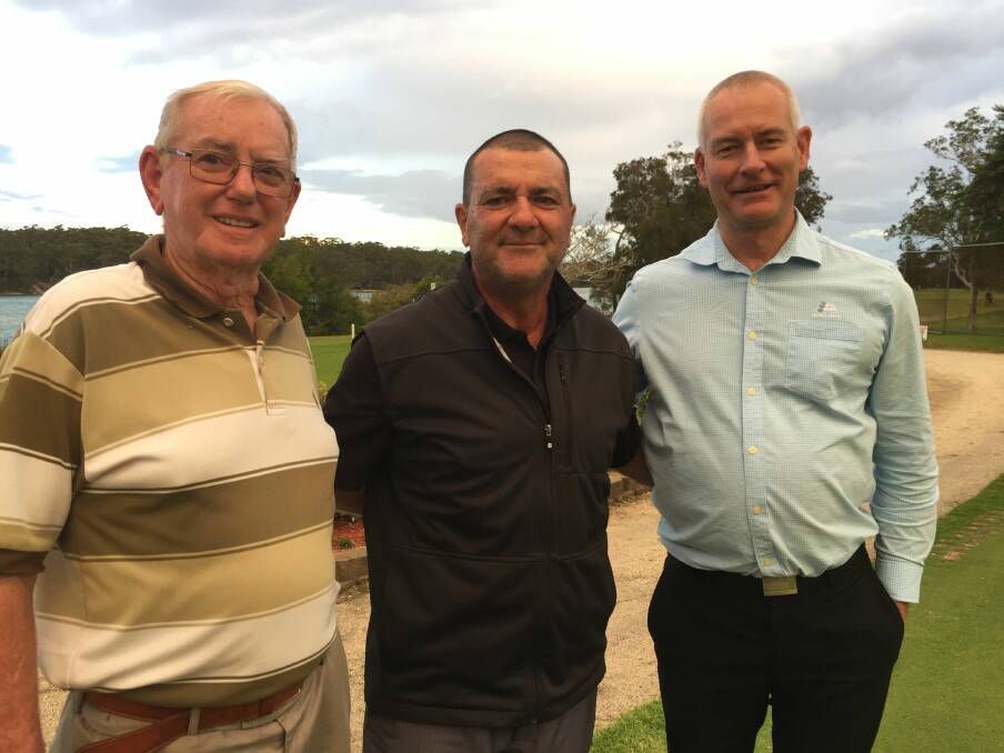 Senior qualifier Robert Martin (centre) from Lakelands with 75 gross on a countback. Also pictured are Kerry McCoy, Island Club president, and Golf NSW's Stuart Fraser