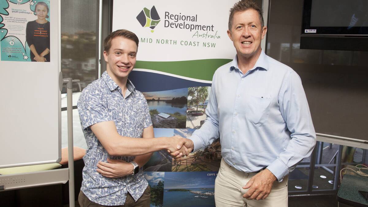 Caelan Smith, a 21-year-old business owner from Nambucca Heads who spoke about the difficulties of finding employment in the local area, with local Federal MP Luke Hartsuyker at the launch