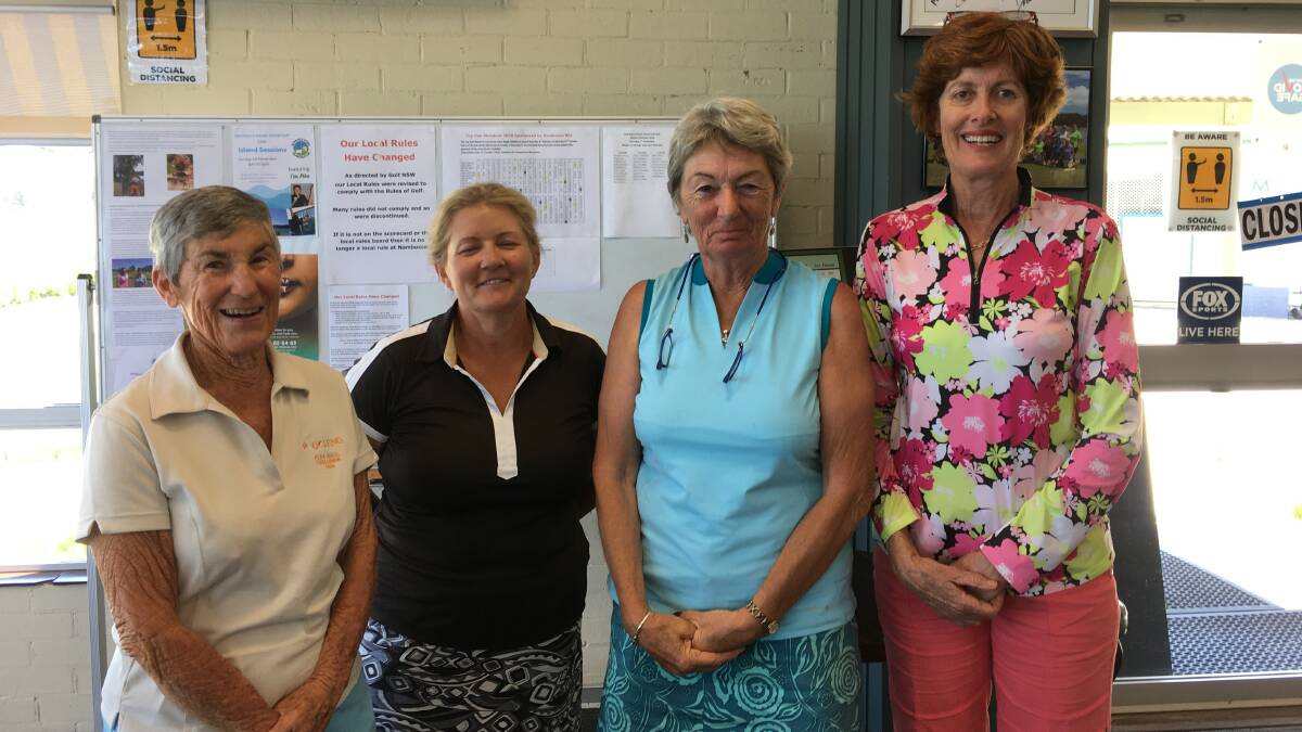 The winning team of Lyn Vidler and Denise Paluch with sponsors Gillian Anderson and Wendy Ritchie