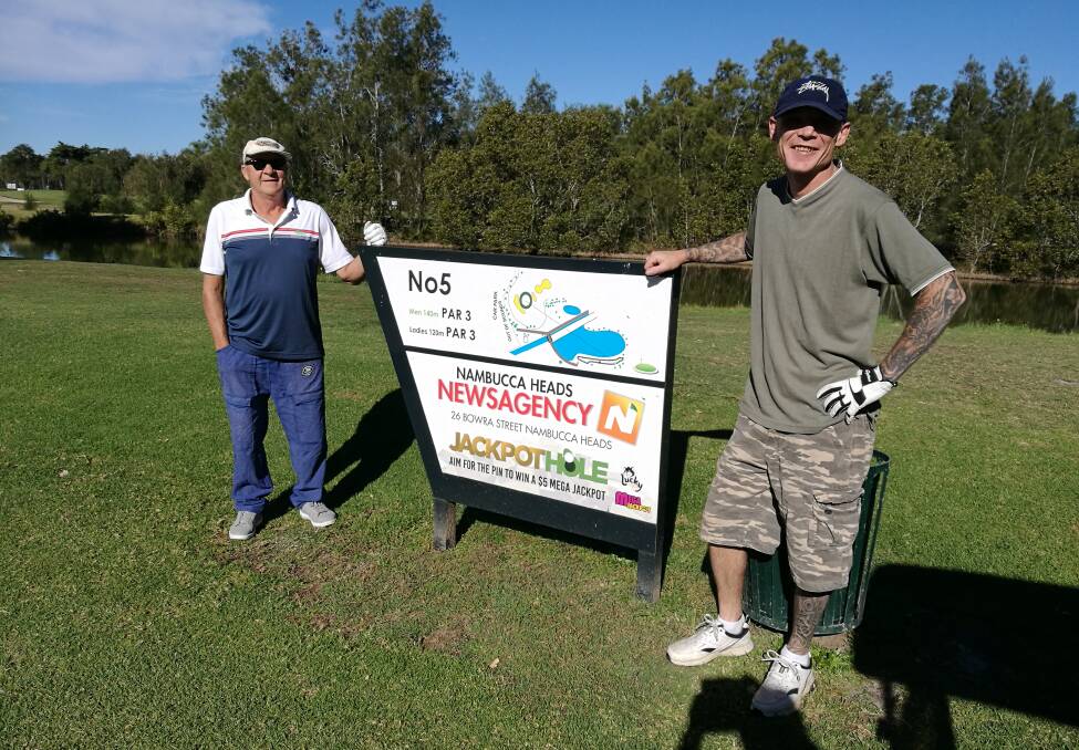 Jamie and Chris Lucas on the par three 5th hole sponsored by Nambucca Heads Newsagency