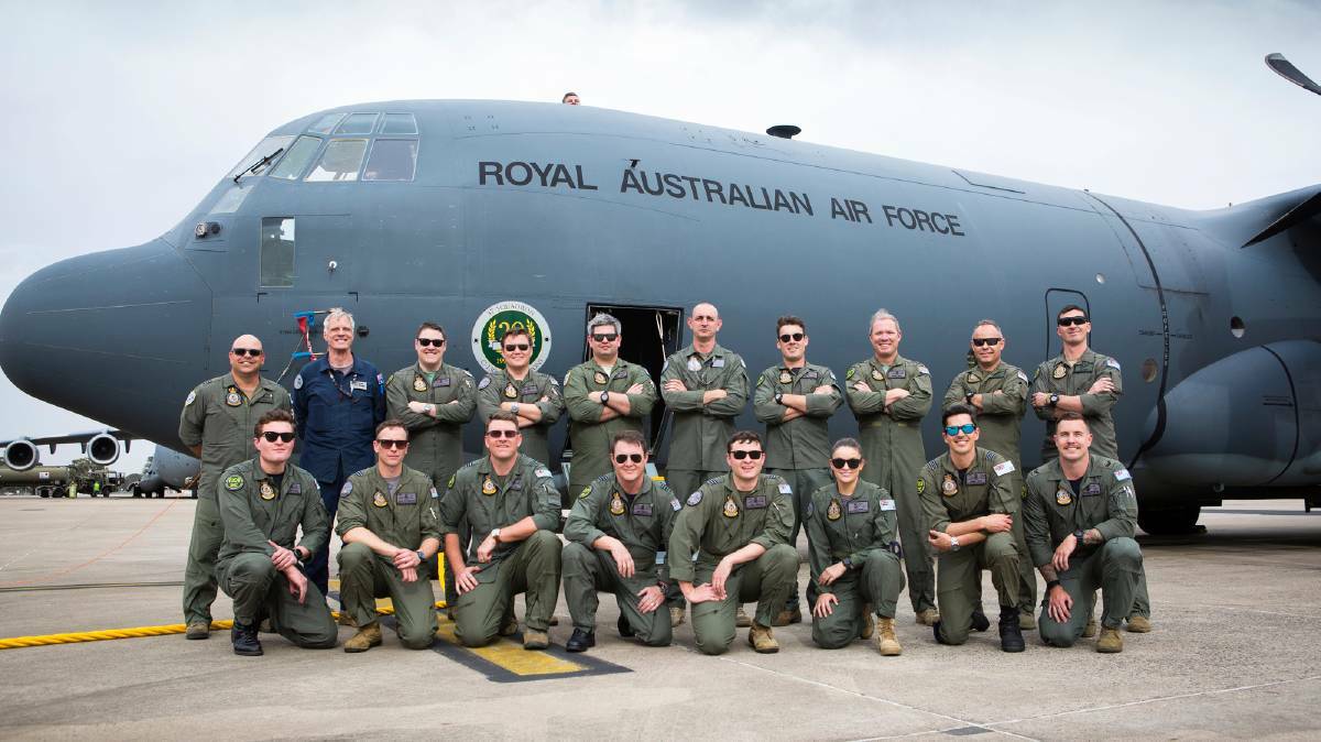 The crews of five No 37 Squadron C-130J Hercules which flew in formation to celebrate 20 years of C-130J operations in Australia. Picture: Department of Defence 