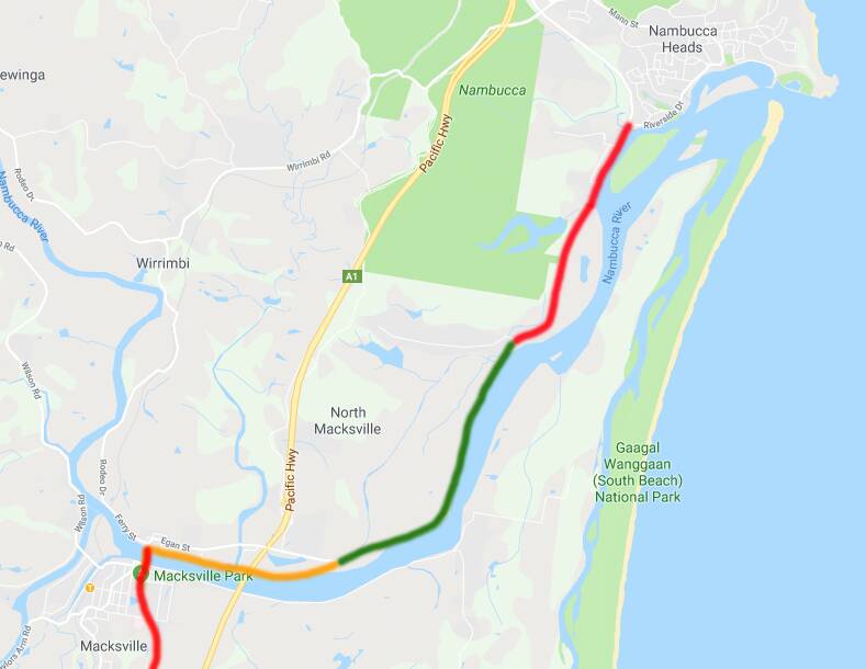 Macksville to Nambucca Cycle Link: Red - existing path, green - proposed path, orange - no bike path but safe cycling diversion via Nursery Rd and Bellevue Dr.
