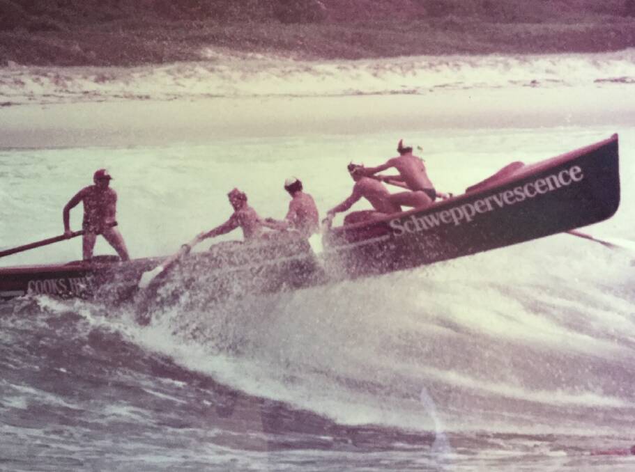 (From right) K Morrison, M Davanzo, A Johnson, D Dyer, GJohnson, at the Scotts Head Carnival. The iconic image of surf boat rowers is as Aussie as a meat pie.