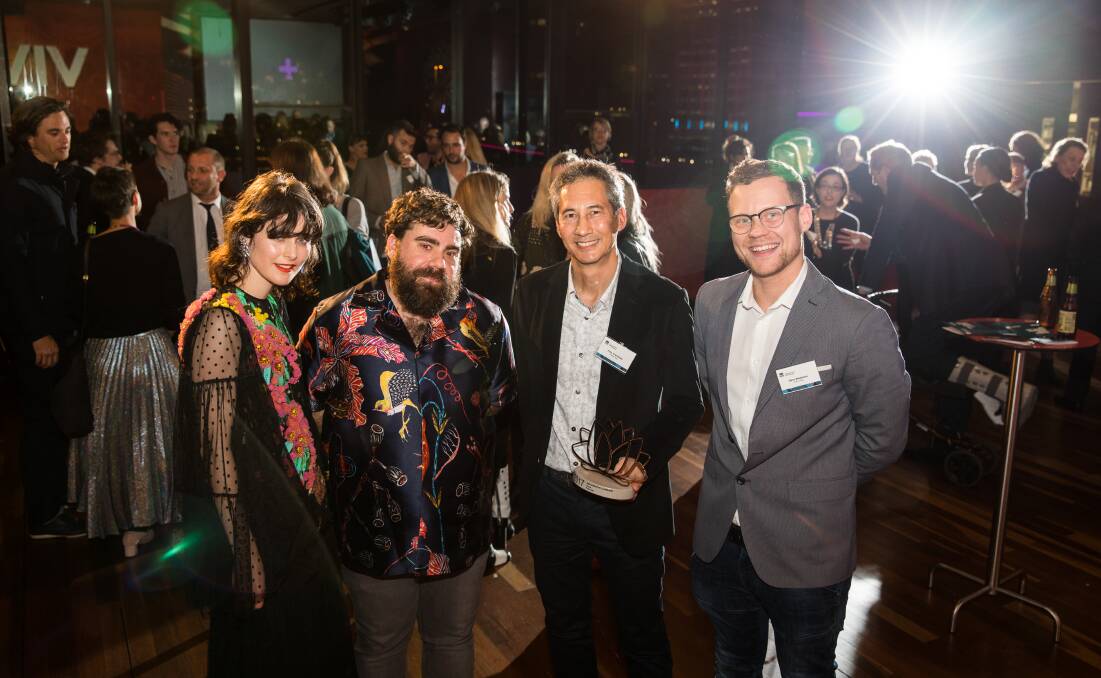 
2017 NSW Emerging Creative Talent Award winners Anna Plunkett and Luke Sales from Romance Was Born with NSW Creative Laureate Award winners Felix Crawshaw and Dane Maddams from Plastic Wax at the 2017 Creative Achievement Awards.