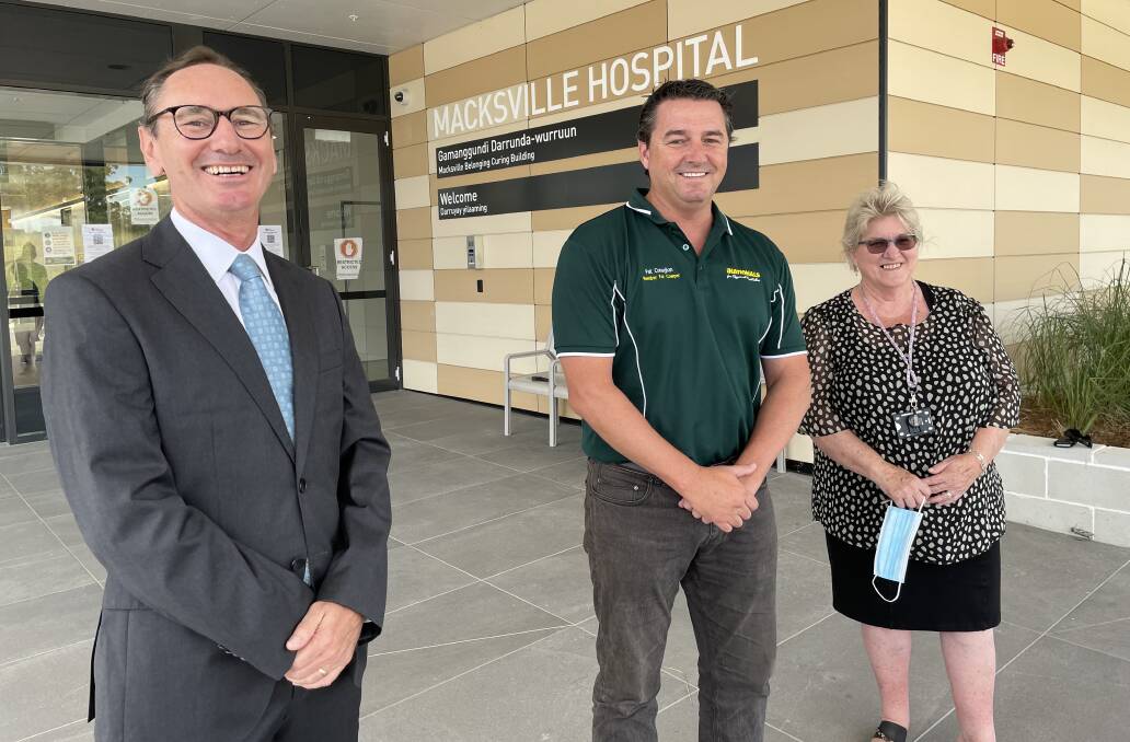 Executive Officer Macksville and Bellingen hospitals Ray Green, Federal Member for Cowper Pat Conaghan and Mid North Coast Local Health District board member Janine Reed at todays announcement of almost $5m for Radiation Treatment Centres for the Nambucca and Macleay Valleys