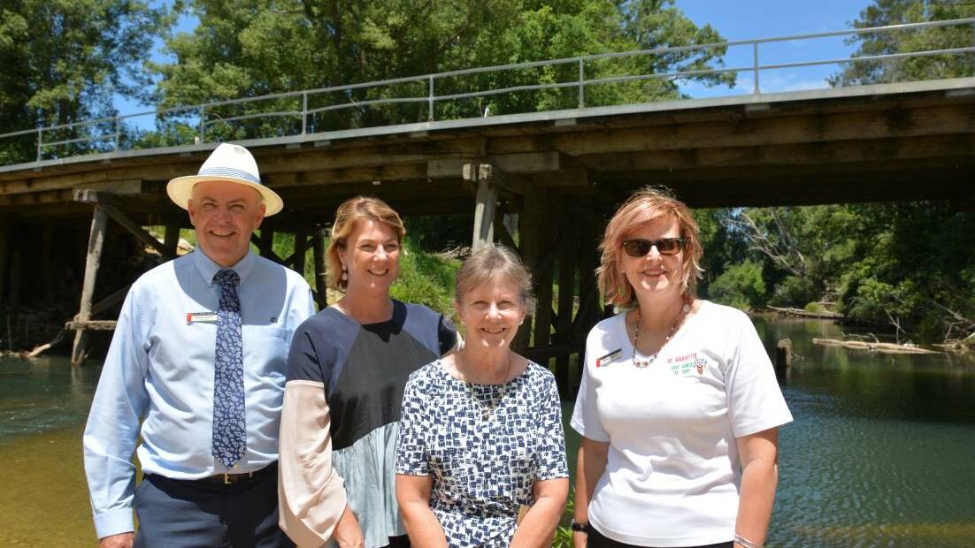 Council general manager Michael Coulter, Roads Minister Melinda Pavey, mayor Rhonda Hoban and grants officer Teresa Boorer at the announcement of $500,000 State funding for the Lanes Bridge project in December.