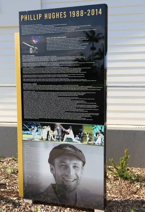 The new sign out the front of the Phillip Hughes Pavilion, designed by Andrew Holmes