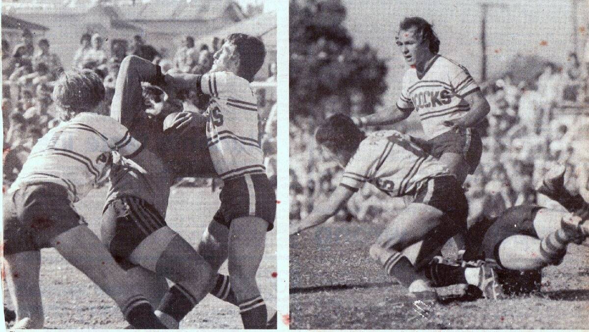 Left: Tiger coach Peter Chapman is well wrapped up by Macksville defenders Ian Coombes and Maurie Lonergan. Right: Maurie Lonergan dives for a loose ball spilled by a Smithtown attacker, with Terry Sullivan on hand if needed.