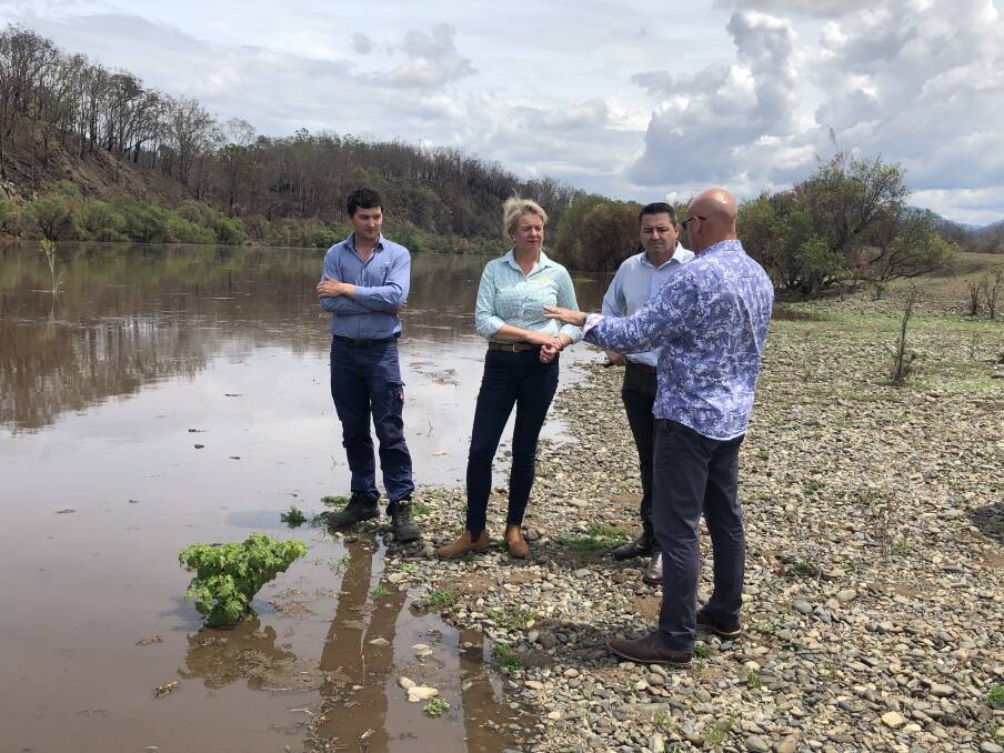 Senator Bridget McKenzie and Pat Conaghan MP examine Tropical Soda Apple on the Macleay River at Hickeys Creek with Kempsey Shire Council General Manager Craig Milburn