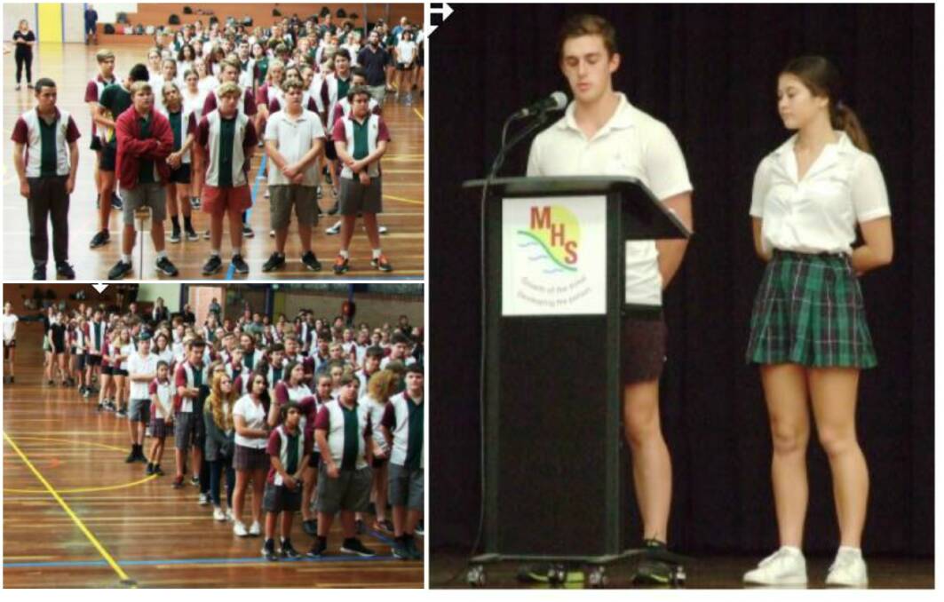 (Right) Adam Nowland and Jiminka Laow and (left) Macksville High students take the oath.