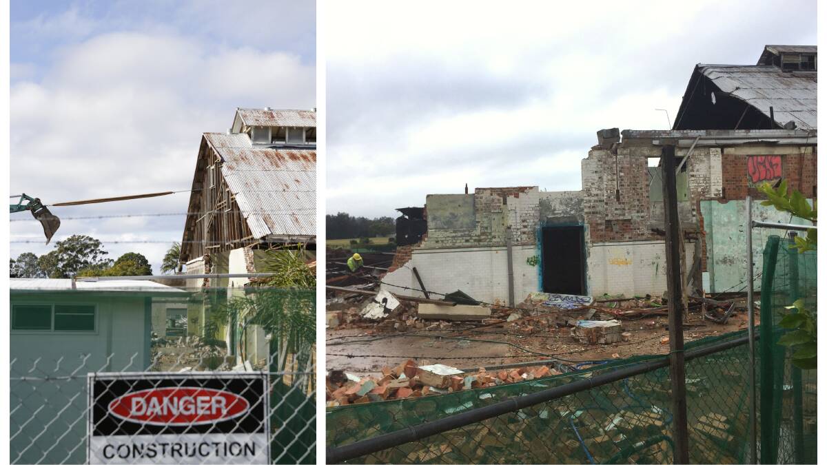 Left: The old highway-facing section of the factory on Tuesday. Right: By Wednesday morning, half the building had been reduced to rubble
