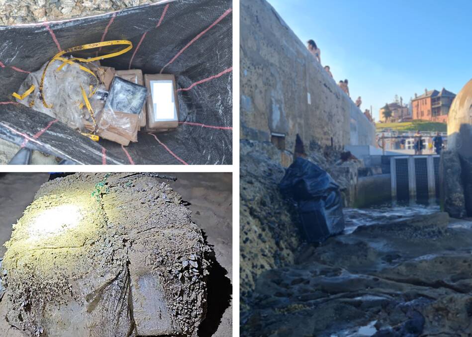 The package of cocaine bricks at Newcastle Ocean Baths, and bottom left, a barnacle-covered find from earlier in the investigation. Pictures by NSW Police, supplied