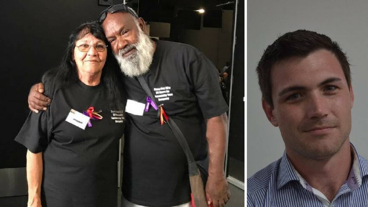 Ian 'Crow' Lowe and his sister Nola Ward at the 2017 Sorry Day commemoration at the Slim Dusty Centre in Kempsey and (at right) journalist Tom Bushnell.