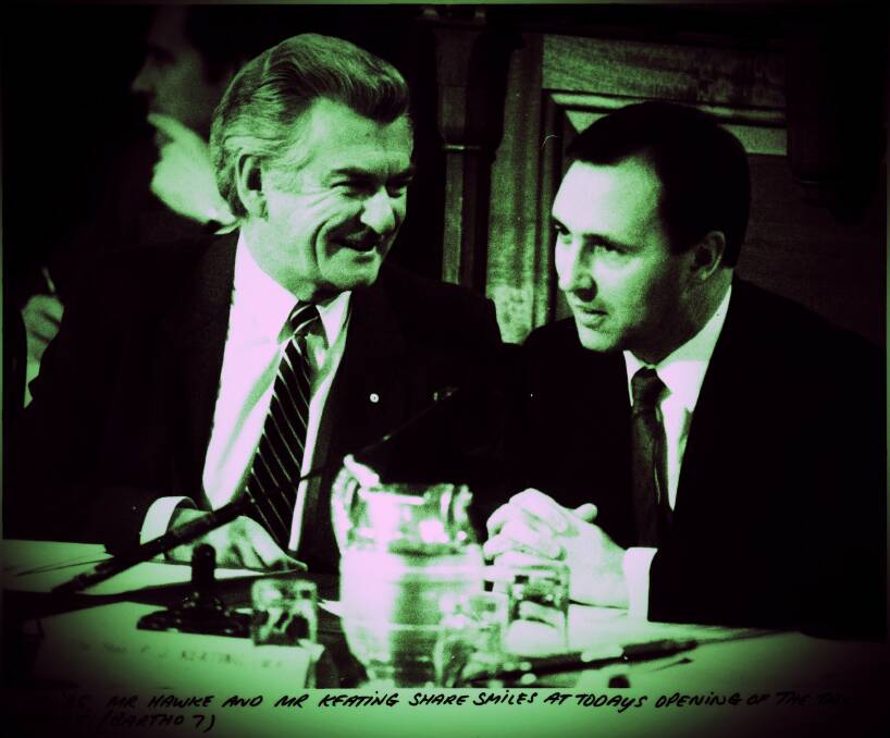 Bob Hawke and Paul Keating at the national tax summit in 1985.