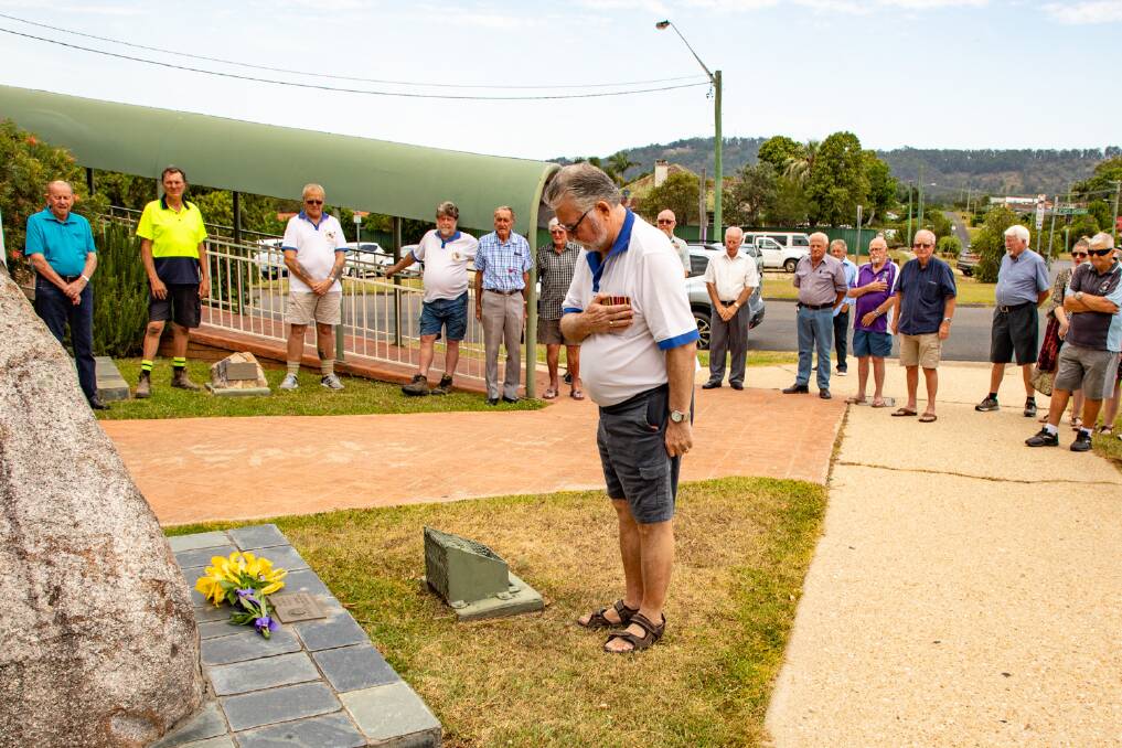 Mr John Kent of the Naval and Mariners Association lays flowers in memory of his departed mate, Roger Jones. Photo by Mick Birtles