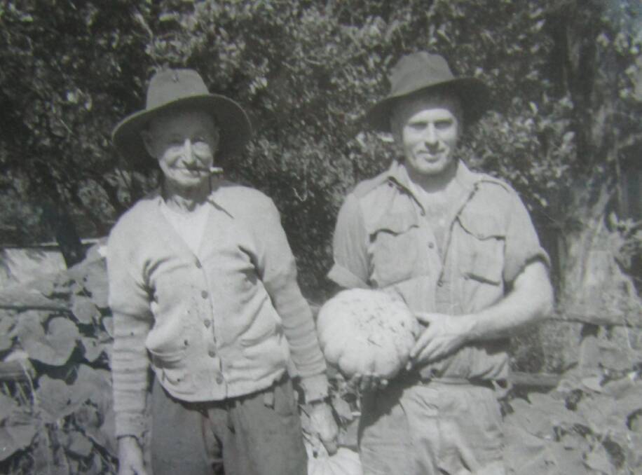 Frank Partridge and his father Patrick in their pumpkin patch. Photo: courtesy of the Frank Partridge VC Military Museum. 