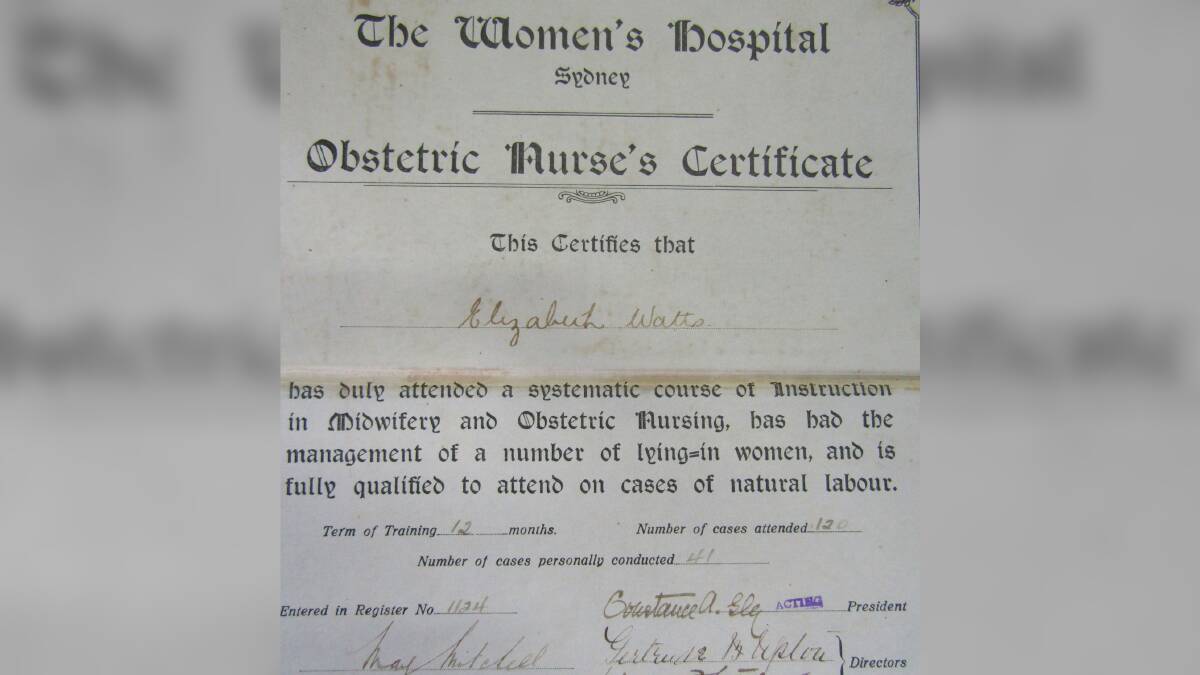 Sister Watts Certificate Crown St Women's Hospital 1926.