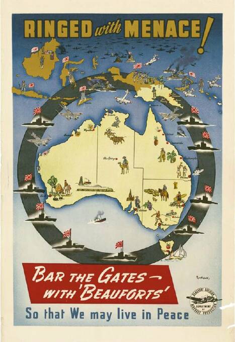 A poster launched by the Australian government in mid-1943 highlighting Australia's Japanese invasion paranoia during WWII. 'Ringed with menace!' showed a tourist postcard image of Australia, with locals surfing and playing soccer — but surrounded by a black ring of Japanese submarines. To the north: Japanese-occupied Indonesia and the island of New Guinea, contested between Japanese and Allied forces. Image: bigthink.com