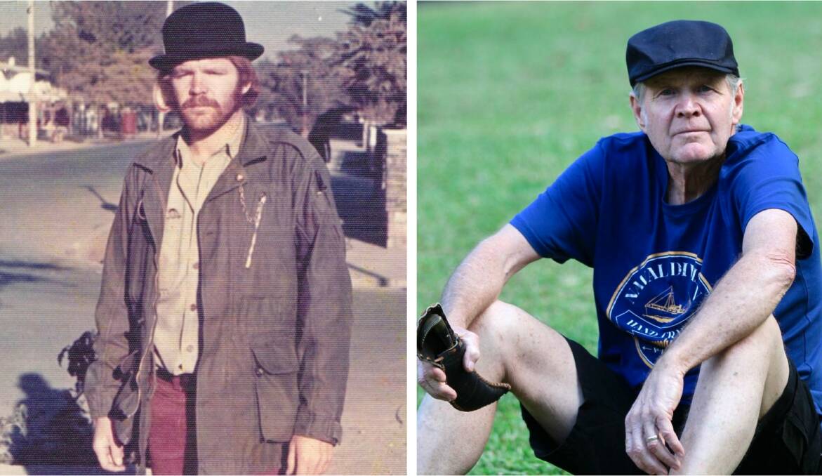 (Pictured left) Ron Donnelly on the Hippy Trail in Afghanistan in the 1970s and Ron at home in Nambucca Heads with the only mementos from his travels - an ornate knife he obtained in Kandahar, Afghanistan. 
