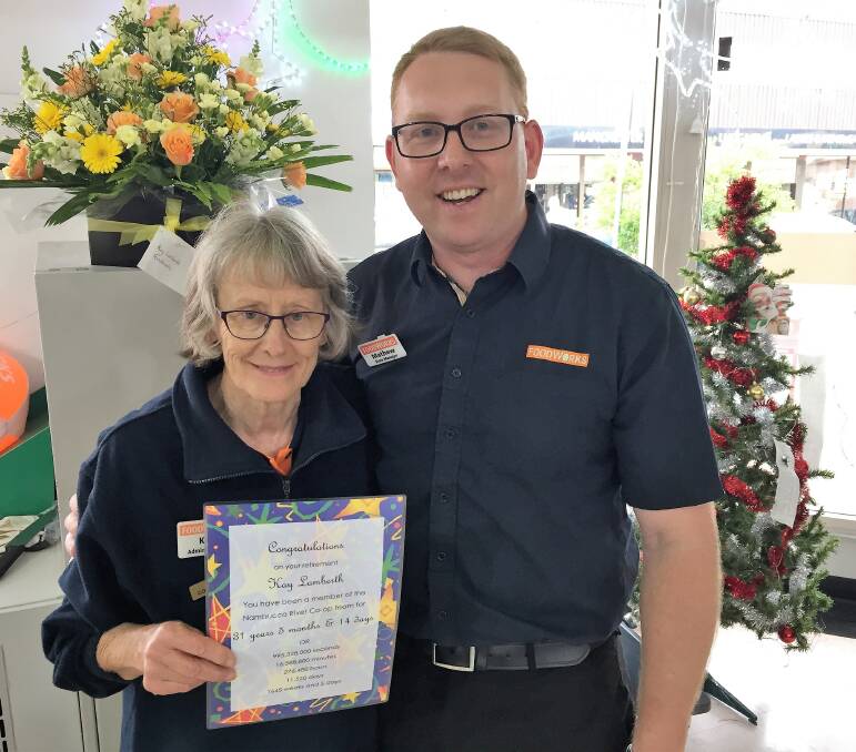 Clocking off: Kay Lamberth, pictured with Foodworks Store Manager Mathew Ward, retires from the team after 31 years. 